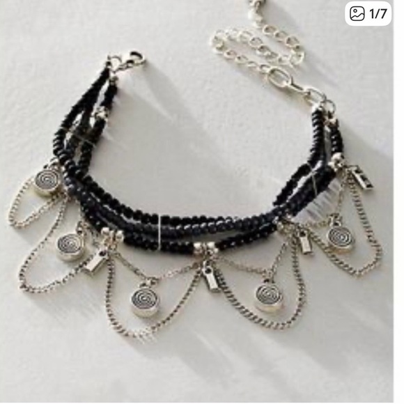 Free People Jewelry - Free People Black Beaded Multi-Strand Bracelet with Silver Dangles